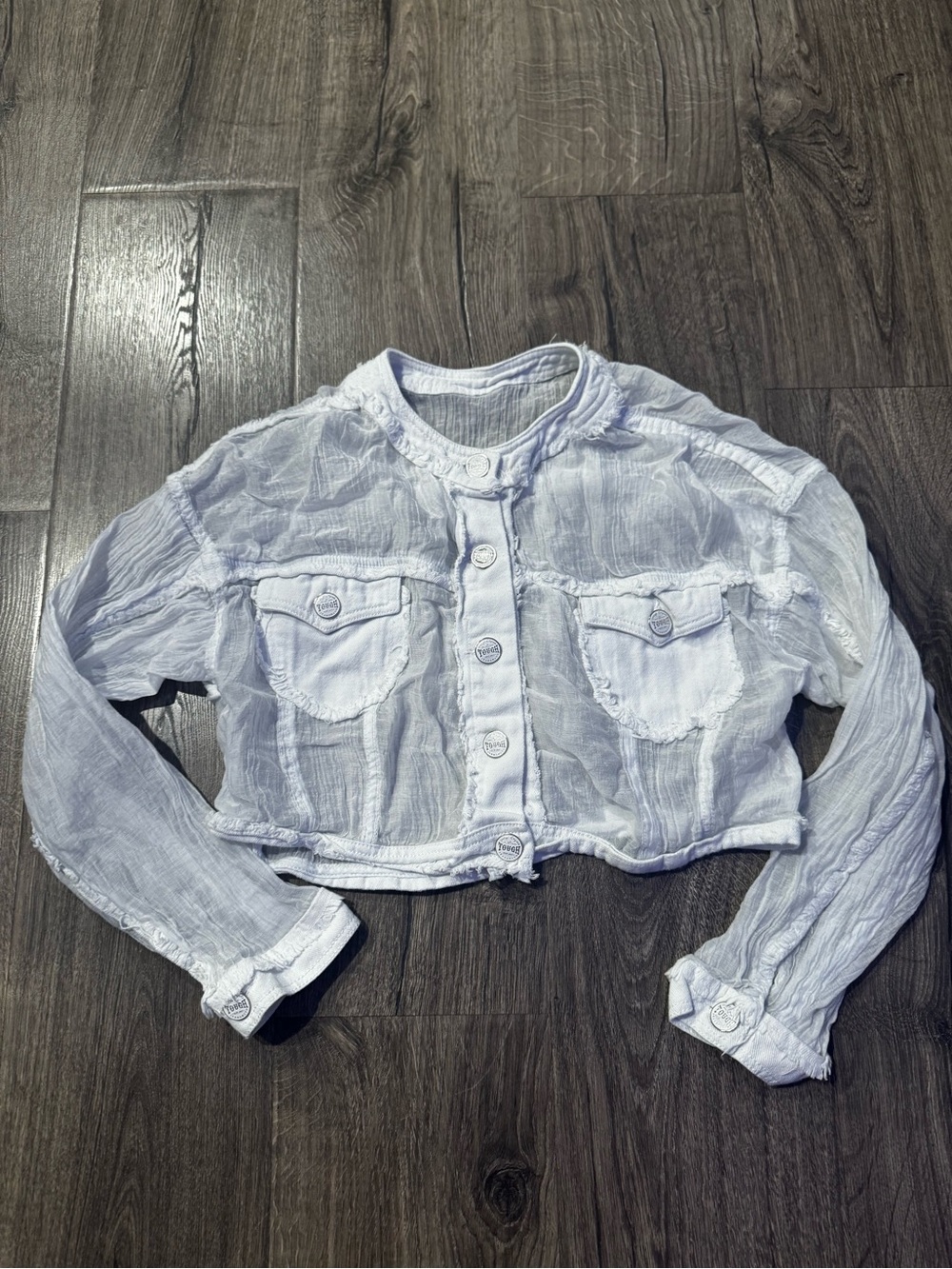 Tough white Cropped Button-Up Jacket sheer denim small women